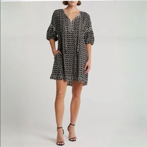 Max Studio London Black & Cream Floral Boho Dress Puff Sleeve Tunic | Size S NWT